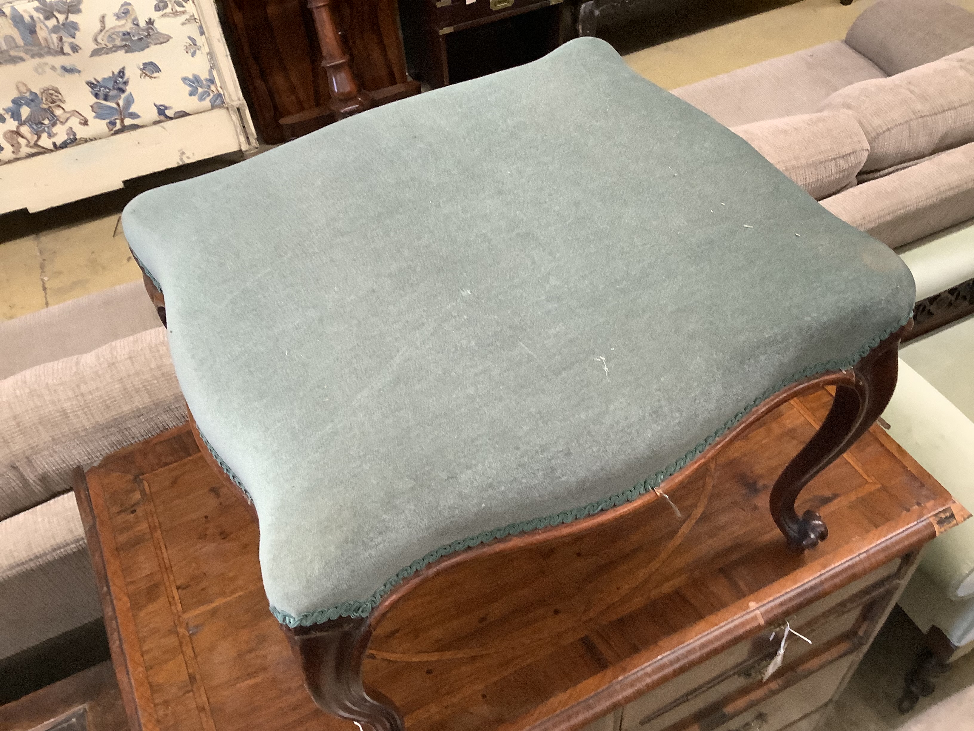 A Victorian rosewood dressing stool, length 54cm, depth 50cm, height 41cm